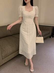 DAZY 提花拼接网纱甜心领收腰设计，饰以仿珍珠，短袖女式连衣裙，生日舞会礼服，吊带裙，优雅女装 - 杏色 - 查看 8