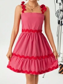 Chiquease Vestido de mujer con nudo en el hombro y bloque de color - Rosa Fucsia - Ver 5