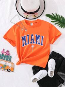 Teen Girl's Letter And Palm Tree Patterned Short Sleeve T-Shirt - Orange - View 1