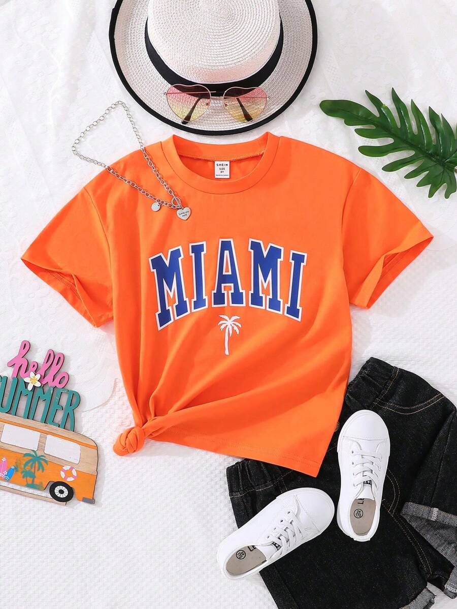 Teen Girl's Letter And Palm Tree Patterned Short Sleeve T-Shirt - Orange - View 1