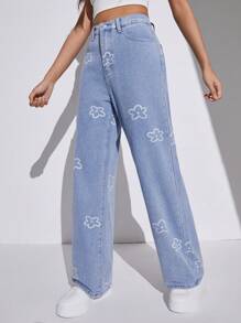 SHEIN Teen Girl Spring Break Floral Print Slant Pocket Straight Leg Jeans,For Spring Summer Boho Girls Clothes Outfits - Light Wash - View 5