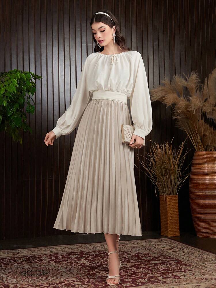 Ladies' Solid Color Lantern Sleeve Drawstring Blouse