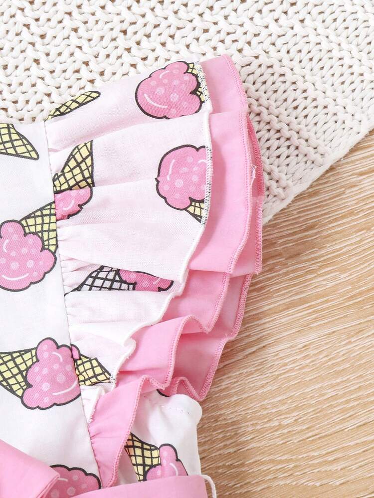 Baby Girl Cute Ice Cream Cartoon Pattern Color Block Sleeveless Dress With Ruffle Trim And Waist Belt