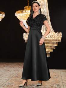 Modelyn Women's Waist-Cinching Dress With 3d Flower Decoration,Elegant Evening Party Dress Long Evening Dresses - Black - View 7