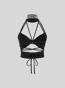 EgrlEra Women's Rhinestone Decorated, Hollow Out, Backless, Halter Neck Top With Tie Back - Black - View 3