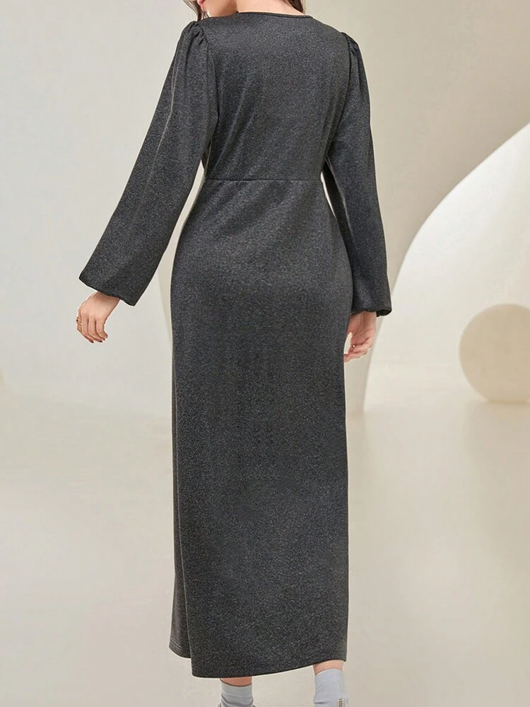 Solid Color Lantern Sleeve V-Neck Dress For Women