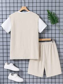 Teen Boy Solid Color Vest, Shorts And T-Shirt Suit With Texture Pattern - Khaki - View 2