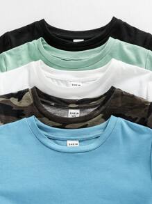 SHEIN 10入組年輕男孩休閒短袖t恤和短褲套裝,迷彩印花和純色多件套裝 - 藍色 - 查看 6