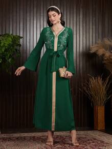 Al Najma Arabic Style Plant Embroidery Patchwork Woven Belt Dress - Green - View 4