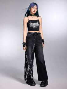 ROMWE Grunge Punk 洗水直筒牛仔褲,帶原始邊緣和斜口袋 - 黑色 - 查看 2