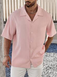 Manfinity Homme Men's Plus Size Solid Color Short Sleeve Shirt With Collar, Baggy Button Up Plain Light Pink Shirt For Vacation