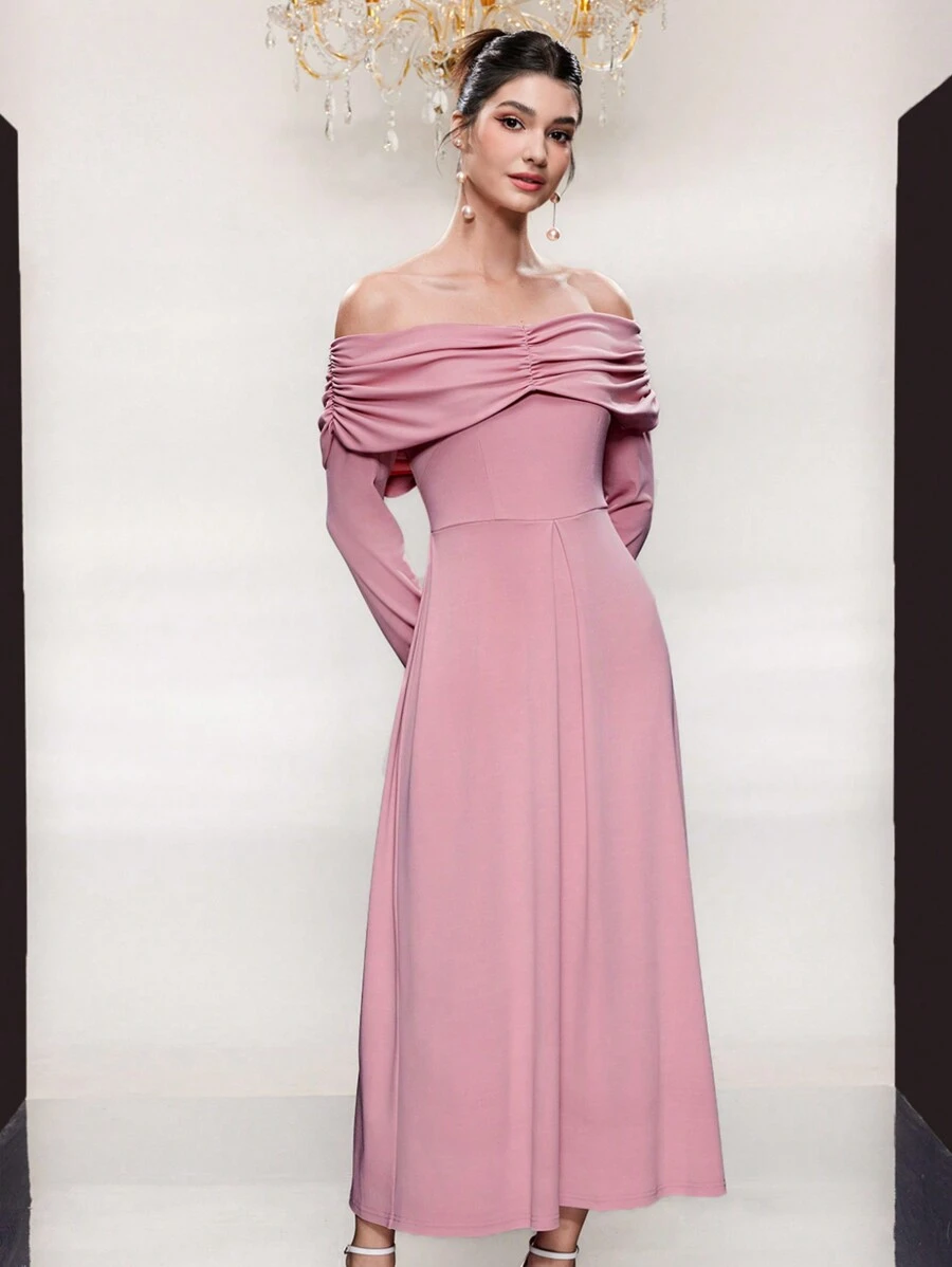 Modelyn Women's Solid Color Pleated Off Shoulder Long Sleeve Dress Long Evening Dresses Fall Cloth For Women - Pink - View 1