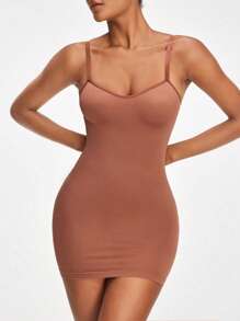 SHAPORA Quý cô Màu thuần Không tay Váy bodycon - Rỉ Nâu - Xem 3
