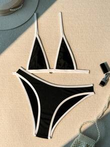 SHEIN Swim Ladies' Edge-Wrapped Bikini Set Summer Beach - Black and White - View 5