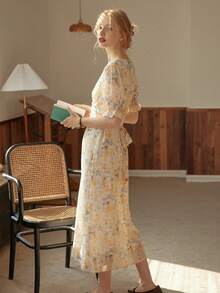 Simple Retro Women Kora Floral Printed Dress - Yellow - View 8