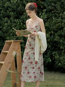 Simple Retro Women's Floral Print Plunging Neck Mesh Slip Dress - Apricot - View 7