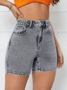SHEIN Privé Slim Fit Mid Waist Denim Shorts - Grey - View 5