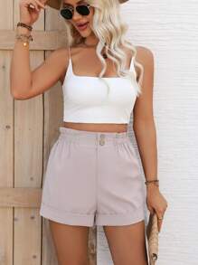 Breezaya Women's Paper Bag Waist Rolled Hem Shorts - Khaki - View 4