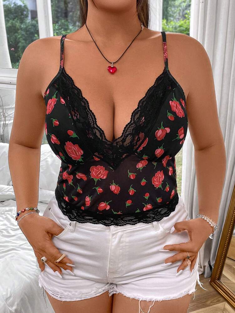 Plus Size Women's Lace And Floral Printed Patchwork Camisole Tank Top