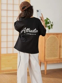 SHEIN Oversized Komfortables Rundhals-T-Shirt mit Drop Shoulder und geteiltem Design mit Buchstaben-Muster für Tween Mädchen