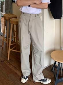 Claim Dot 男士纯色褶皱宽松休闲裤，纯色长款度假宽松休闲裤，适合丈夫、男朋友的礼物，适合秋季 - 杏色 - 查看 4