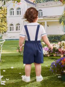 2 piezas Conjunto de top con cuello Peter Pan y pantalones cortos con tirantes azules para bebé niño, elegante y lindo atuendo informal de caballero para uso diario, primavera/verano - Multicolor - Ver 2