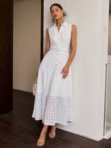 Sollinarry 女士夏季休闲度假刺绣无袖单排扣长裙，音乐节，可爱