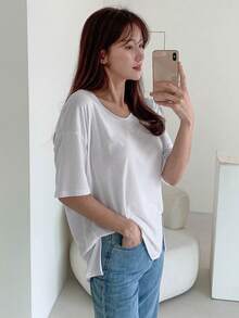 DAZY Ladies' Solid Color Simple Drop Shoulder T-Shirt - White - View 2