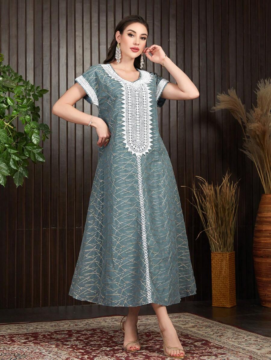 Al Najma 蕾絲拼接翼袖短袖伊斯蘭風長袍連衣裙