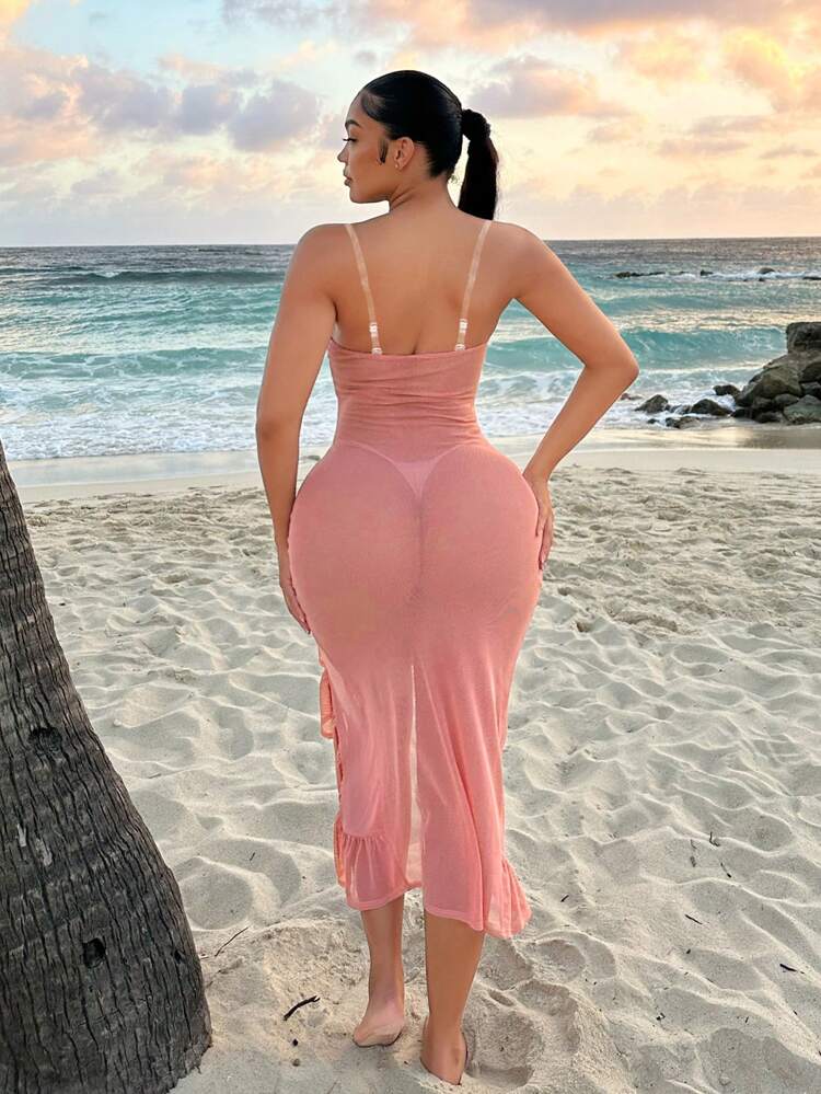 Sexy Sheer Mesh Ruffle Hem High Slit Dress With Transparent Shoulder Straps