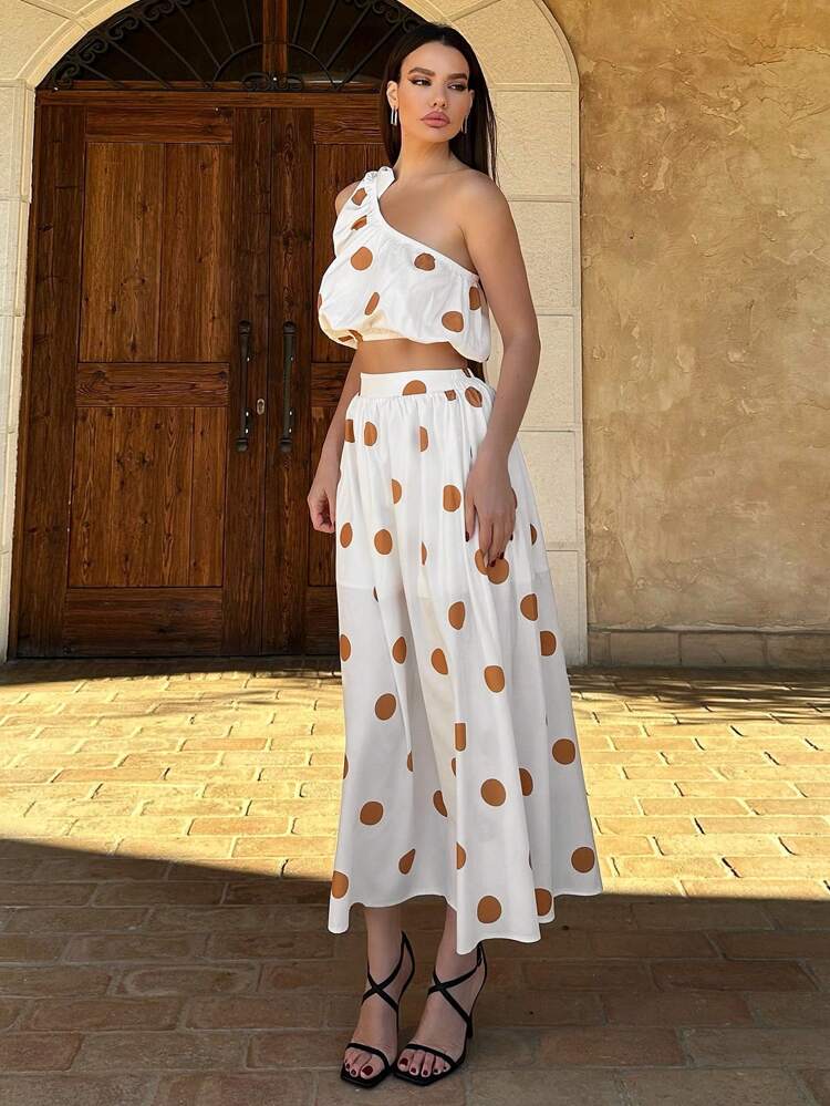 Ladies' One Shoulder Polka Dot Top And Large Hem Skirt Two-Piece Set #Easter