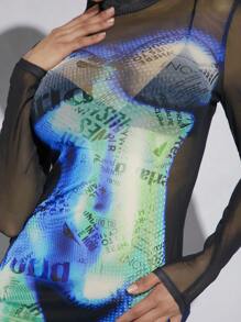 SHEIN Haute Body Heat Map Newspaper Print Dress - Multicolor - View 4