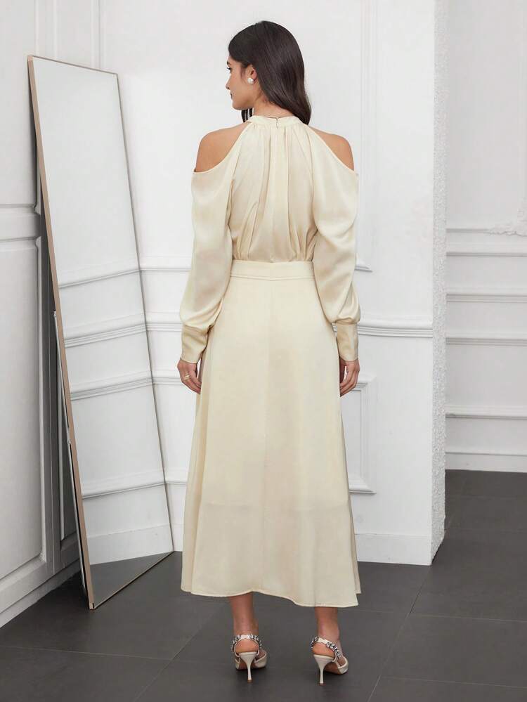 Women's Open Shoulder Long Sleeve Shirt And Skirt Set With Stand Collar 2 Piece Set