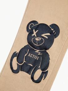 SHEIN 青少年男孩時尚高彈性破洞牛仔褲，可愛熊和字母印花，水洗 - 卡其色 - 查看 4