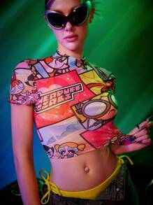 THE POWERPUFF GIRLS X SHEIN Dopamine Y2K Skinny Pop Art Patchwork Cartoon Graphic Mock Neck Crop Top - Multicolor - View 5