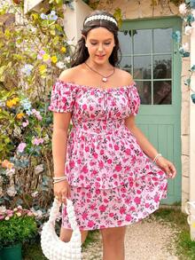 Dreamara Plus Size Women's Off Shoulder Short Sleeve Floral Print Ruffle Hem Dress - Multicolor - View 5