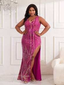 SHEIN Belle Plus Size Magenta Heavy Duty Evening Dress With High Side Slit - Red Violet - View 3