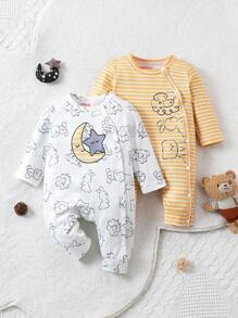 SHEIN Cute Long Sleeve  Sleepsuit Star And Moon  Pattern Crew Neck Jumpsuit For Baby Boy,White & Yellow Color ,Newborn Baby Boy Clothes, Romper Baby Ssoft And Comfortable  Pajamas - Multicolor - View 1