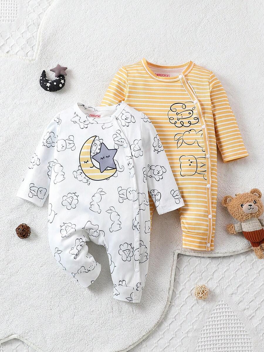 SHEIN Cute Long Sleeve  Sleepsuit Star And Moon  Pattern Crew Neck Jumpsuit For Baby Boy,White & Yellow Color ,Newborn Baby Boy Clothes, Romper Baby Ssoft And Comfortable  Pajamas - Multicolor - View 1