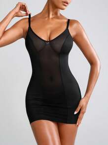 Women's Mesh Panel Tummy Control Bodycon Dress With Spaghetti Straps