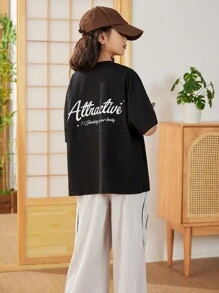 SHEIN Oversized Komfortables Rundhals-T-Shirt mit Drop Shoulder und geteiltem Design mit Buchstaben-Muster für Tween Mädchen
