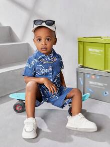 Baby Boy'S Casual Face Pattern Short Sleeve Shirt And Shorts Set, Summer