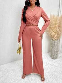 SOLERSUN Cross Wrap Detail Long Sleeve Top And Elastic Waist Pants Two Pieces Set - Dusty Pink - View 3