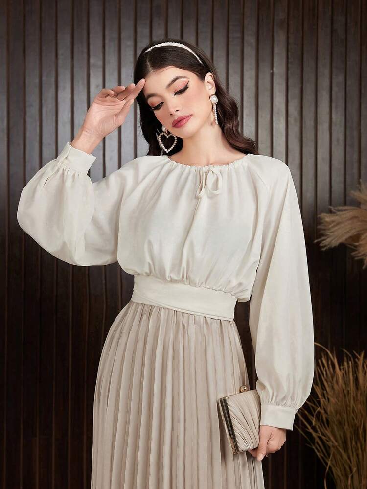 Ladies' Solid Color Lantern Sleeve Drawstring Blouse