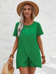 SHEIN LUNE Ladies Green Wrap Top And Shorts 2-Piece Set - Green - View 1