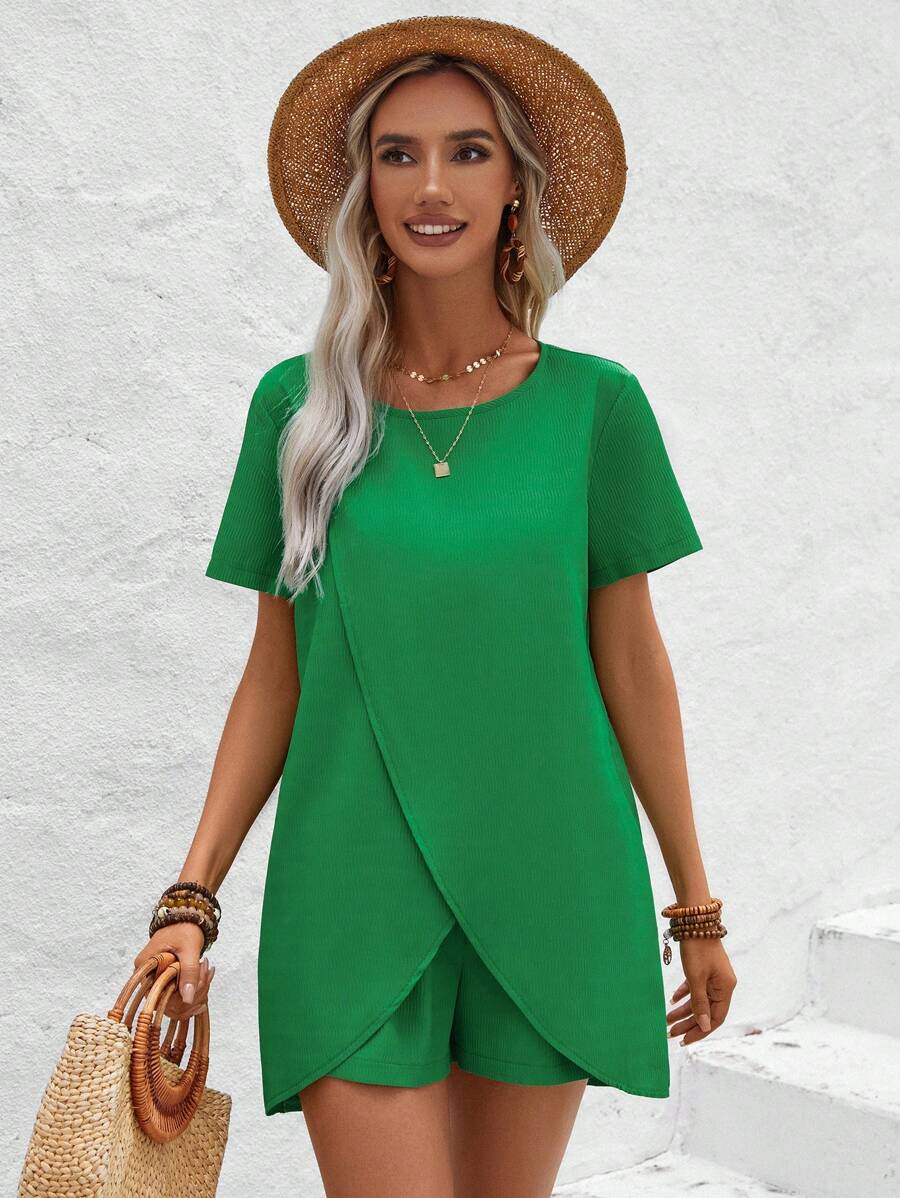 SHEIN LUNE Ladies Green Wrap Top And Shorts 2-Piece Set - Green - View 1