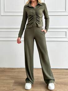 EURMUSE Khaki Two Pieces Sets - Khaki - View 1