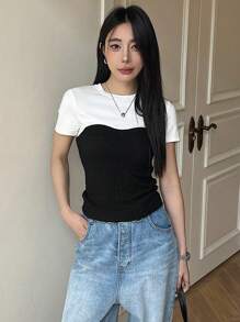 DAZY Ladies' Color Block Stitching Two-In-One Round Neck Slim Fit Short Sleeve T-Shirt Summer