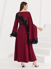 Modelyn Burgundy Red Women's Glitter Patchwork Fringe Decorated Bodycon Dress Long Evening Dresses Fall Cloth For Women - Burgundy - View 2