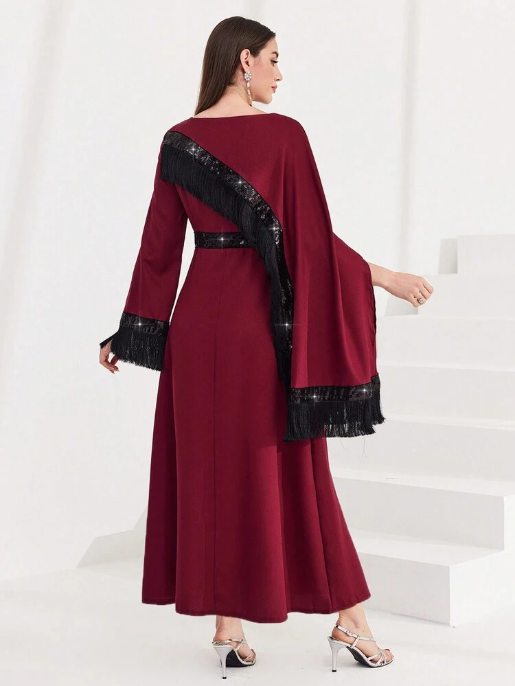 Burgundy Red Women's Glitter Patchwork Fringe Decorated Bodycon Dress Long Evening Dresses Fall Cloth For Women